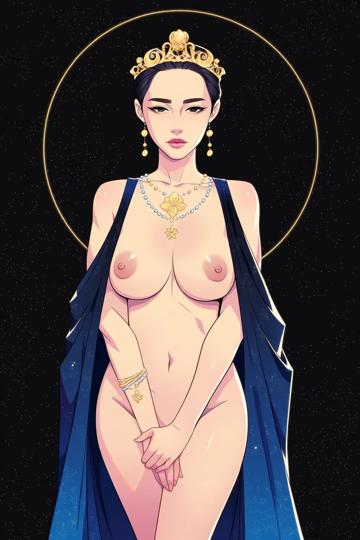 Celestial queen illustration showing the descriptive tag vocabulary in use
