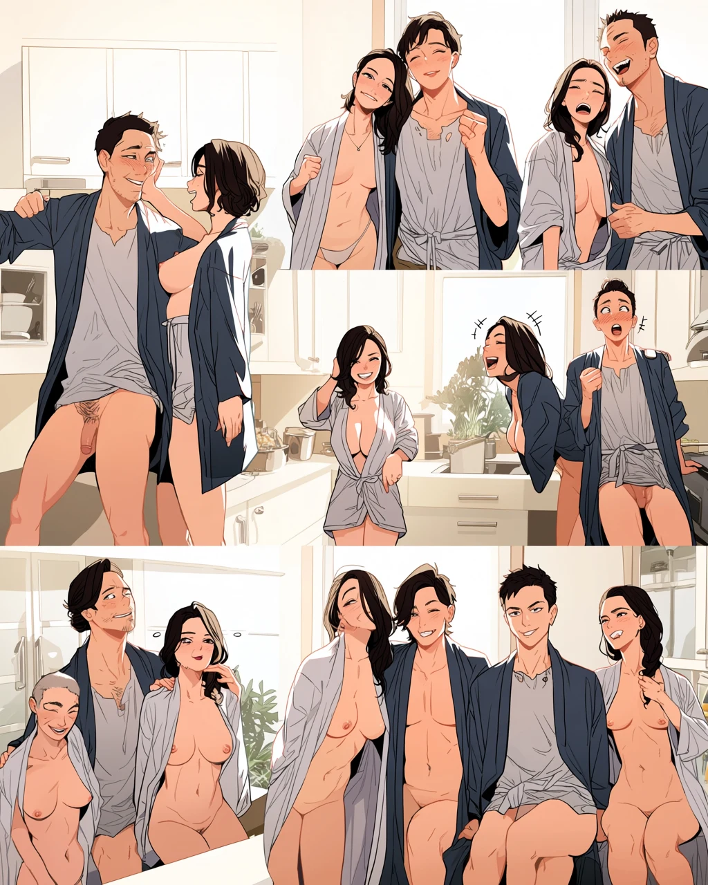 an adult couple age 53 and 49 in a bright kitchen, one lifted onto the counter, laughter lines, robes half open, mature adult manhwa art style