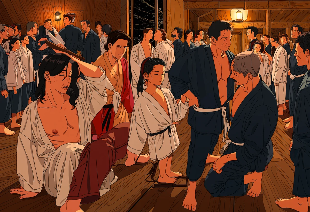 two adult men age 35 and 31 in a wooden dojo at night, training robes open, one cleaning a blade as the other leans into him, lantern light, yaoi art style